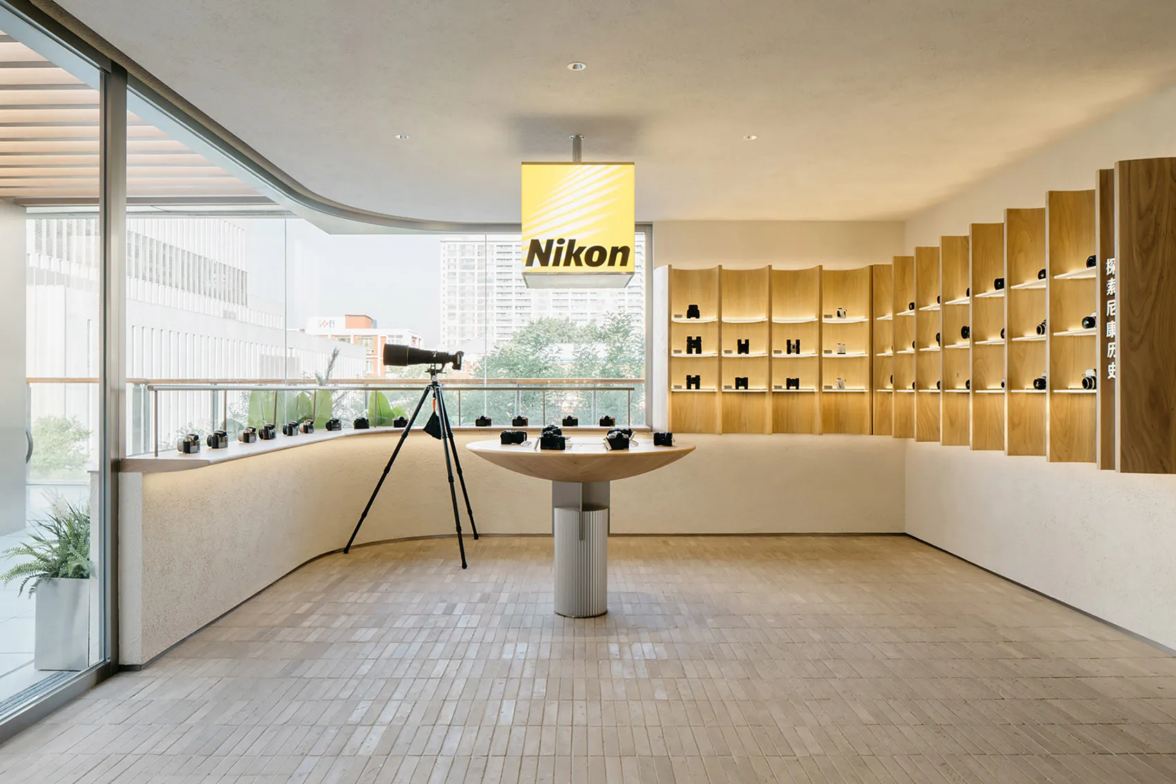 A minimalist photography exhibition featuring a wooden shelving system with cameras displayed.