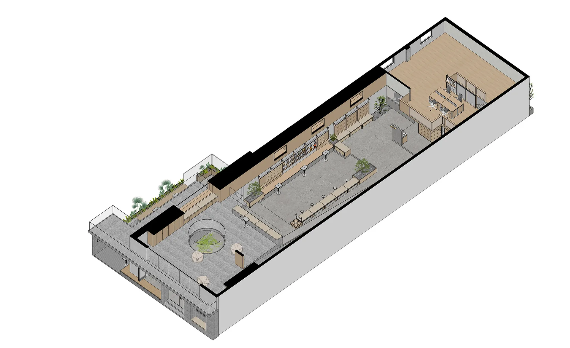 An overhead view of an industrial-style office space with a wooden floor plan showing various functional zones.
