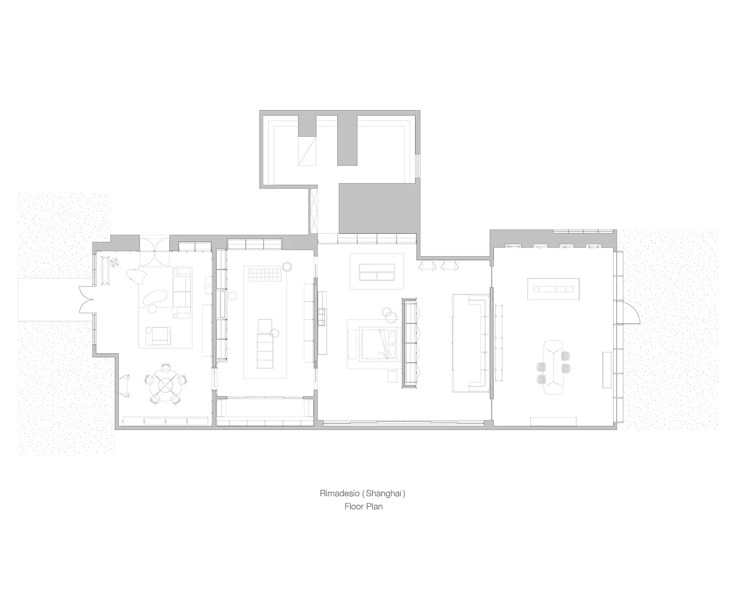 一張極簡風格的住宅平面圖,融合混凝土、玻璃與木質元素。