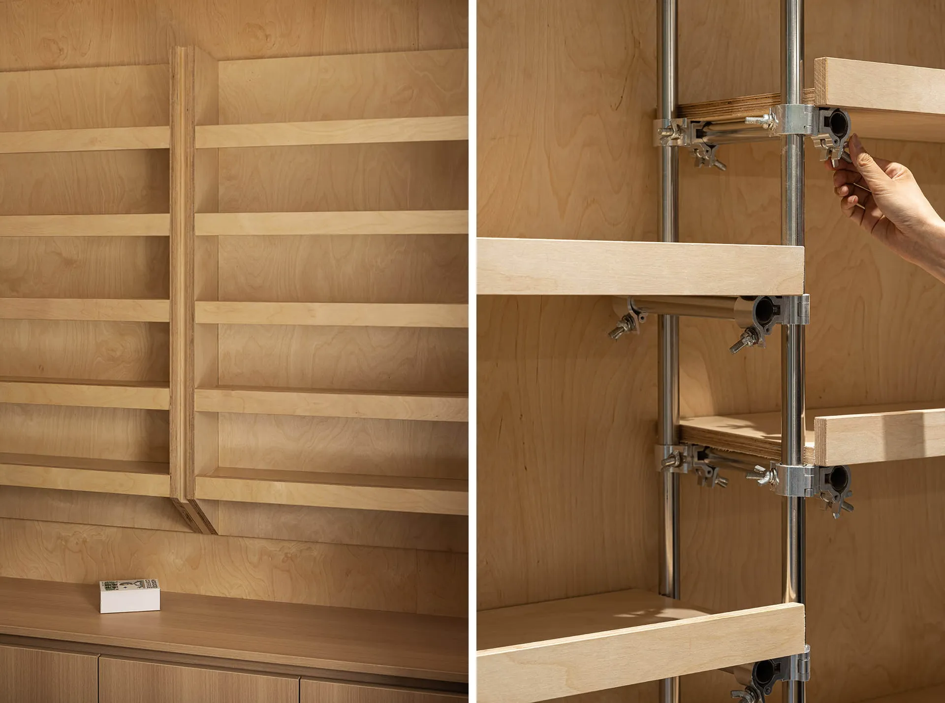 Modern shelving system with adjustable wooden shelves and metal supports, showcasing adjustable shelving functionality