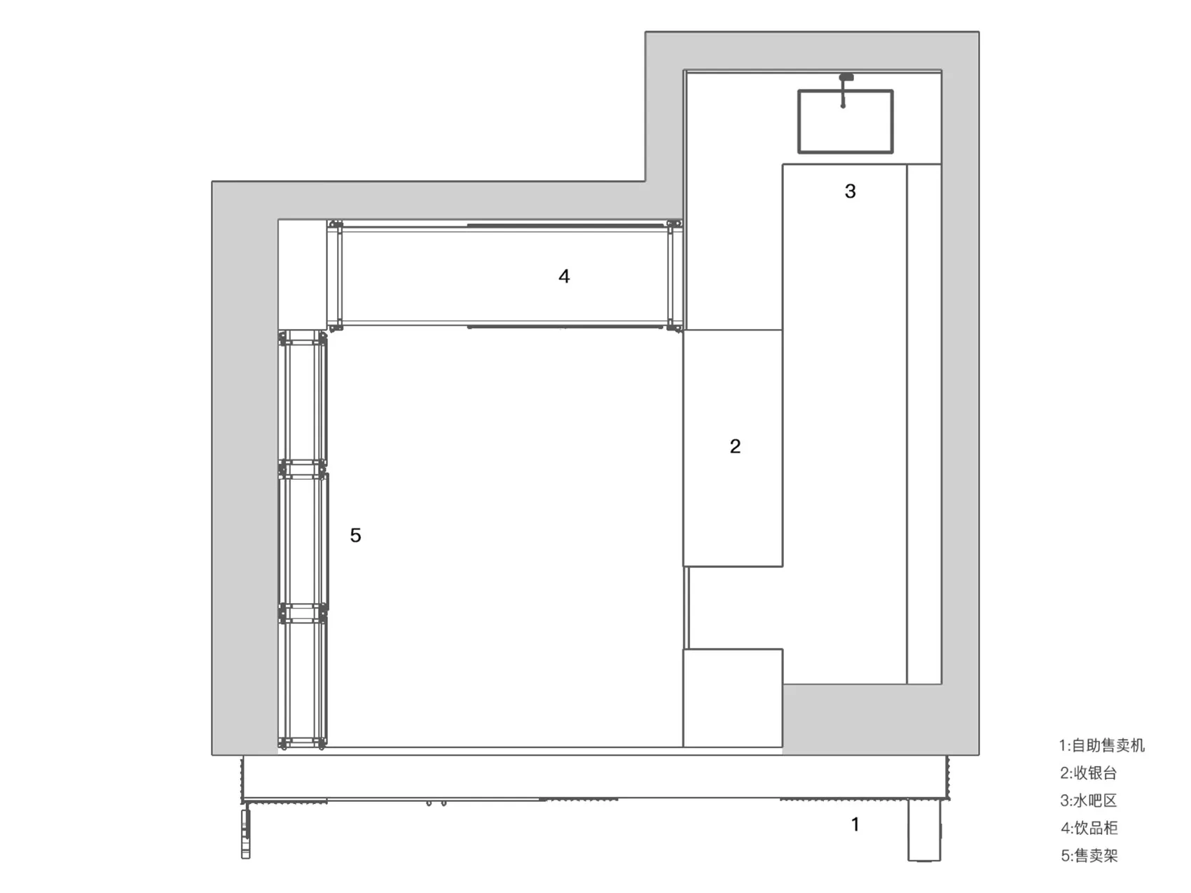 A technical drawing of a storefront with concrete, metal, and glass materials.