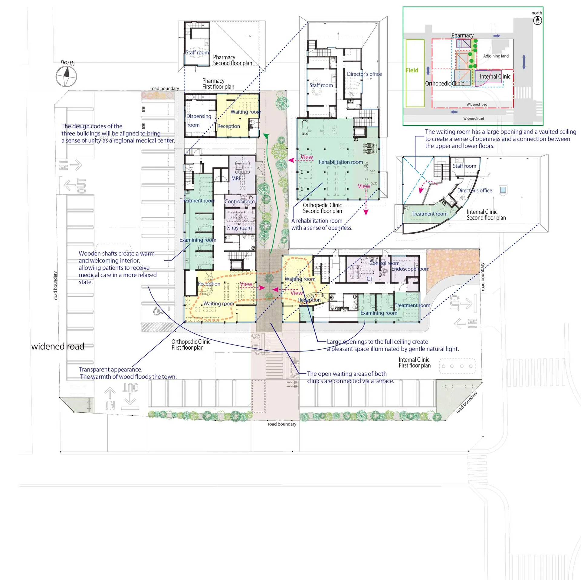 Detailed architectural plan of a hospital interior with various medical facilities and waiting areas.