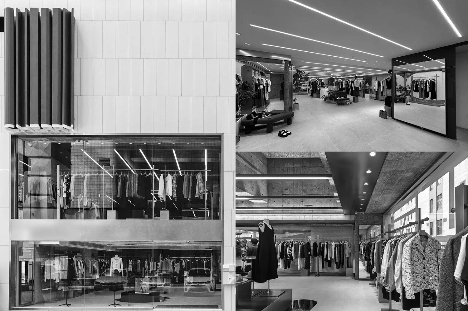 Modern retail store interior with concrete walls and clothing racks