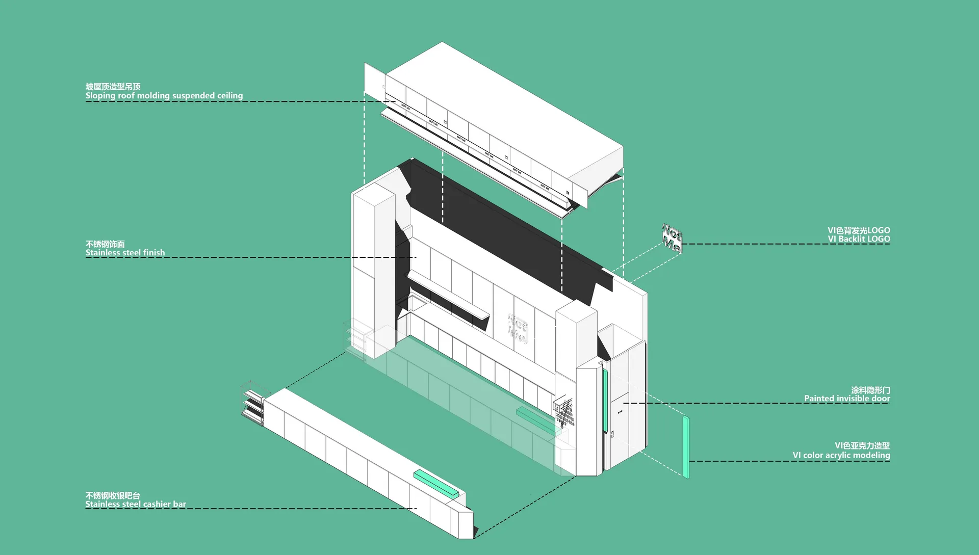 An architectural illustration showcasing a modern interior design with stainless steel features.