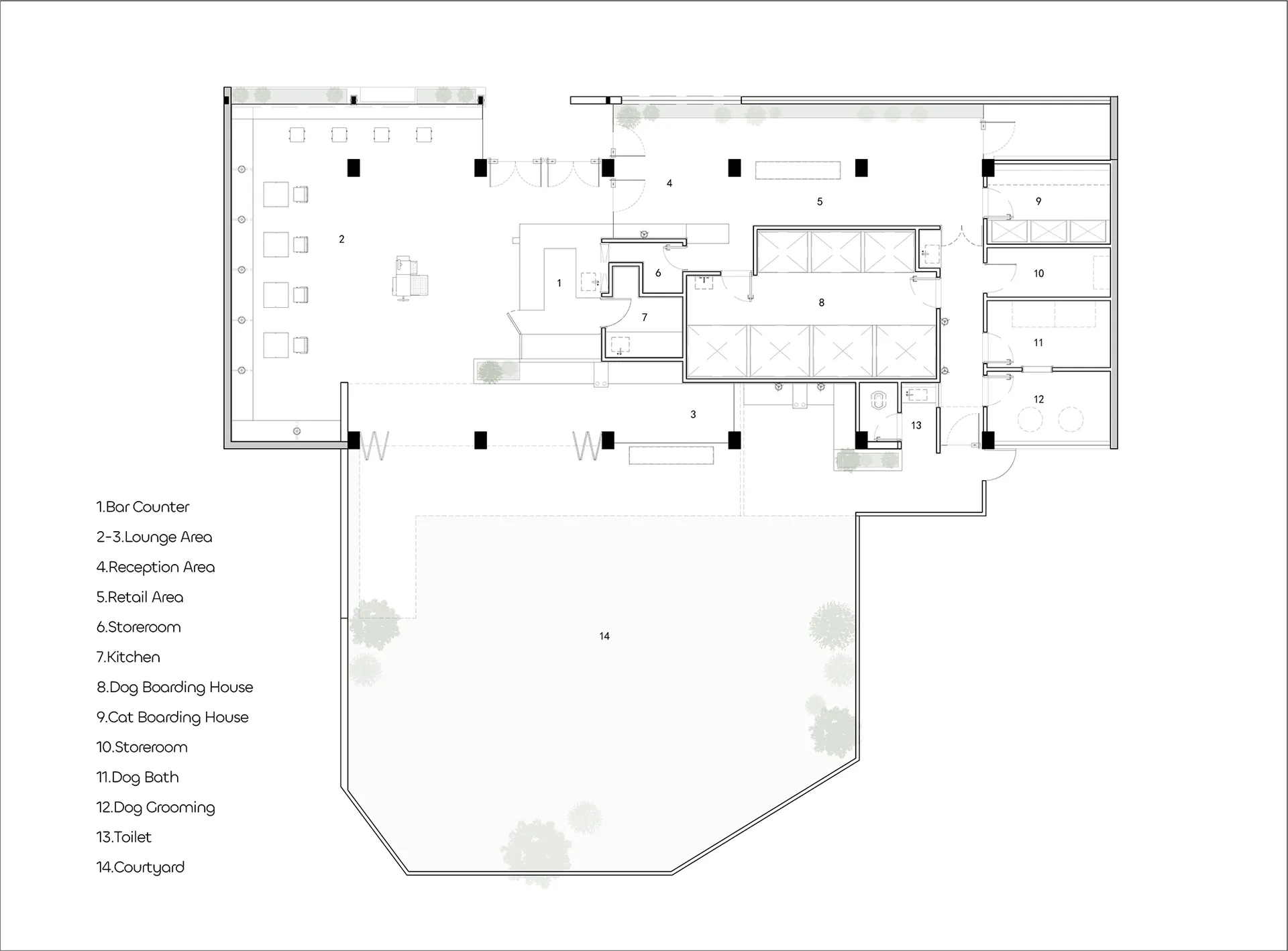 Floor plan of a commercial space showing various functional zones and facilities.