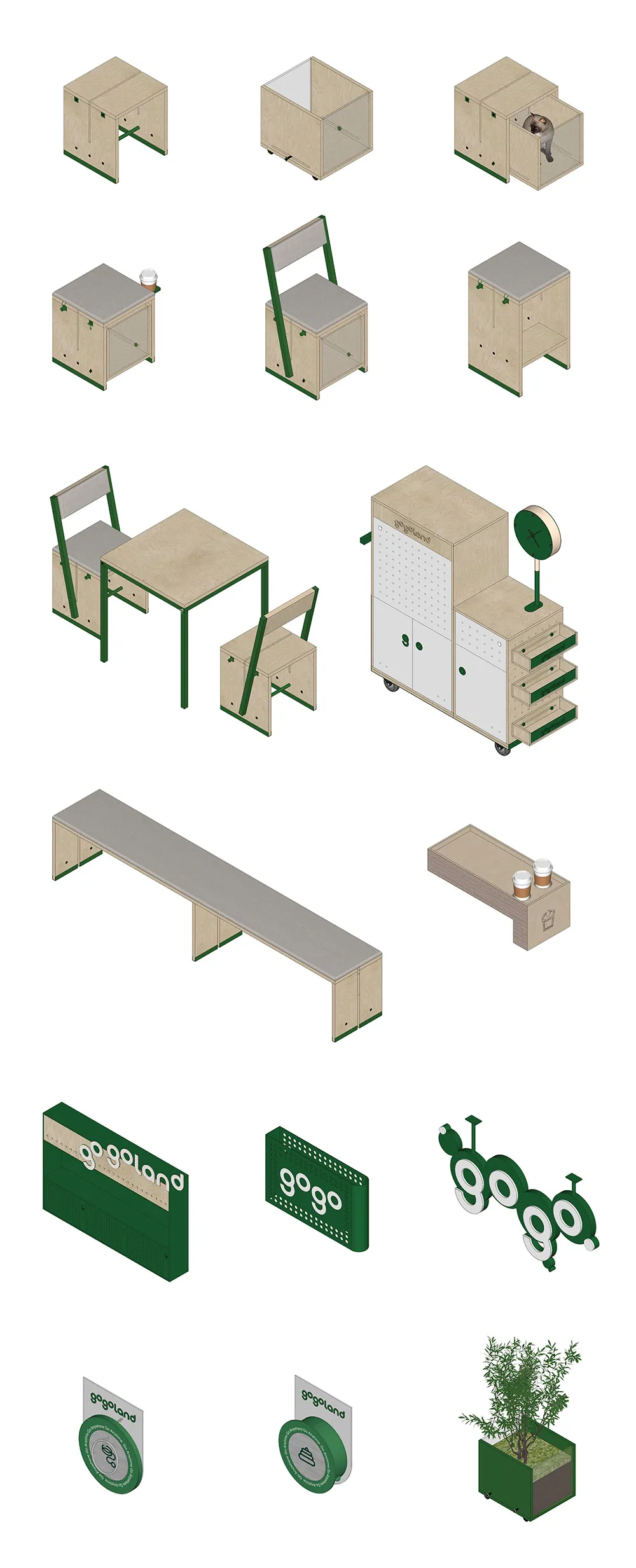 Various industrial-style furniture items, including tables, chairs, cabinets, and planters, made of wood and metal.