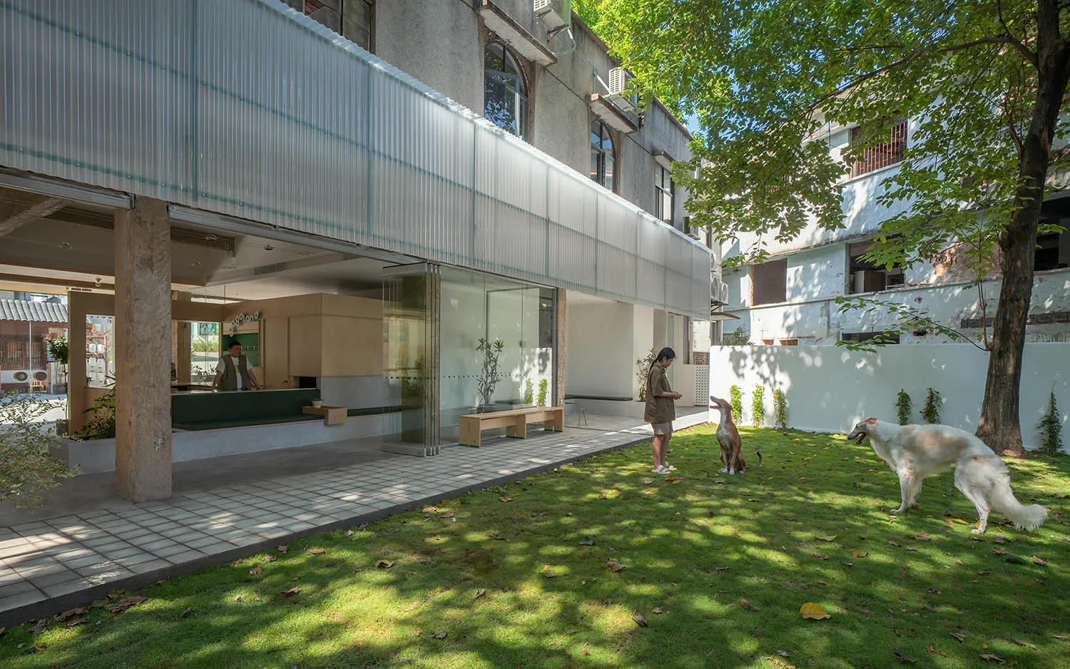 Modern parking lot with concrete pavement and design elements
