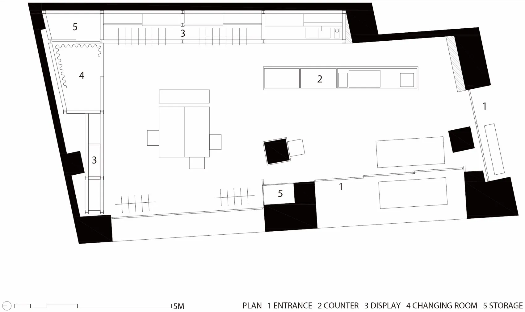 Shop interior layout plan showing furniture arrangement and storage areas.