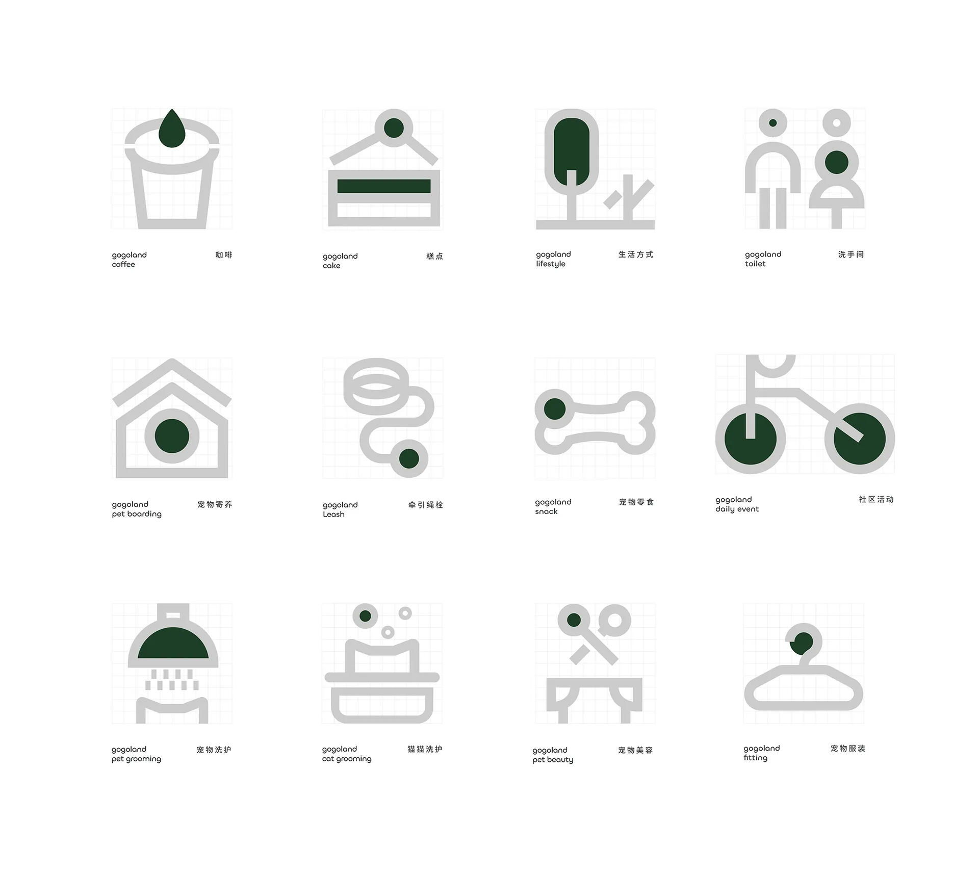 Minimalist design icons depicting various activities and objects related to a pet-friendly space, including coffee, cakes, li