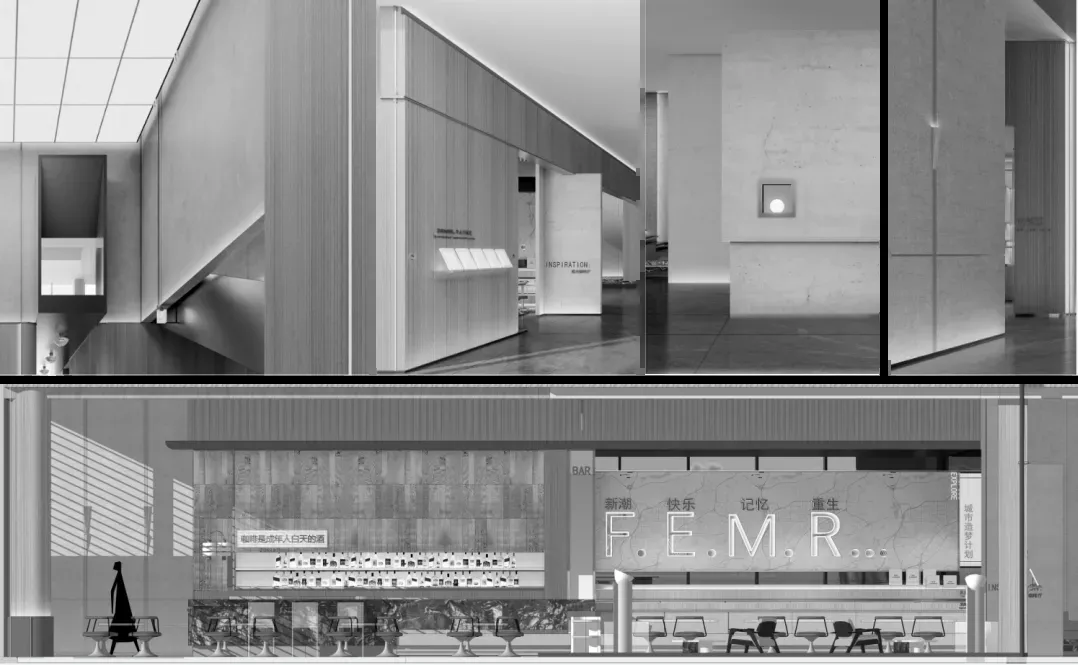 A modern coffee shop interior with a metal bar counter, dark wood flooring, and minimalist design elements.