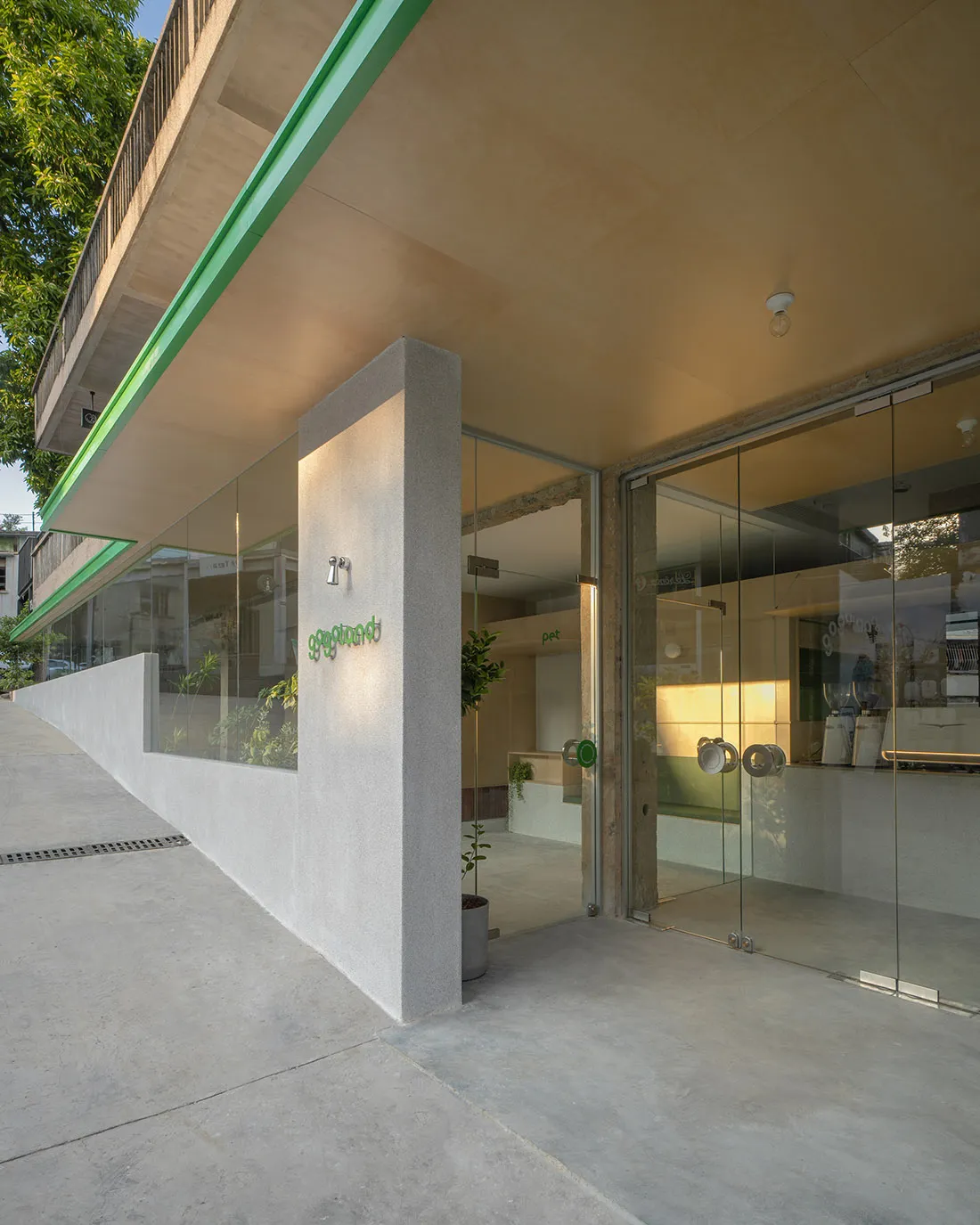 Modern storefront with glass and concrete elements