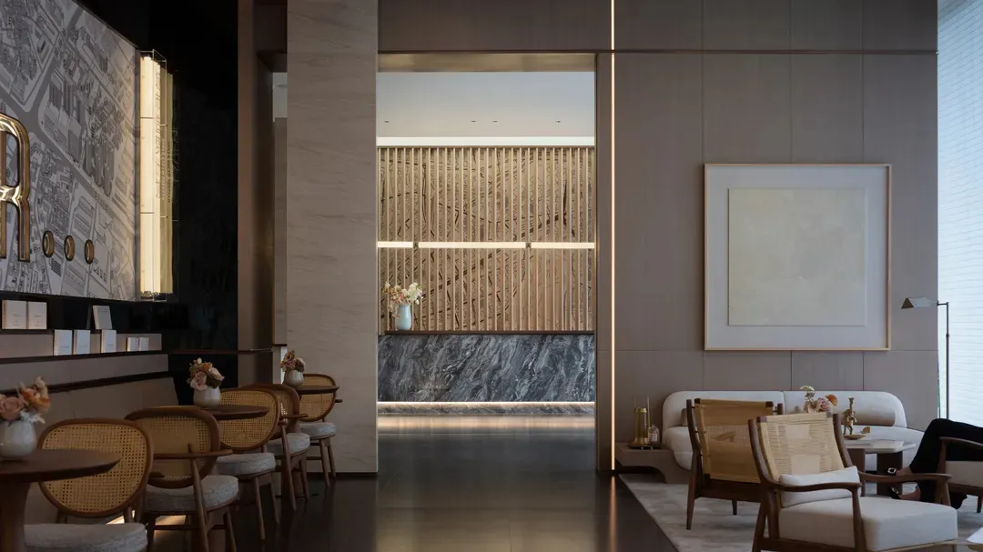 Modern hotel lobby with wooden accents and marble features