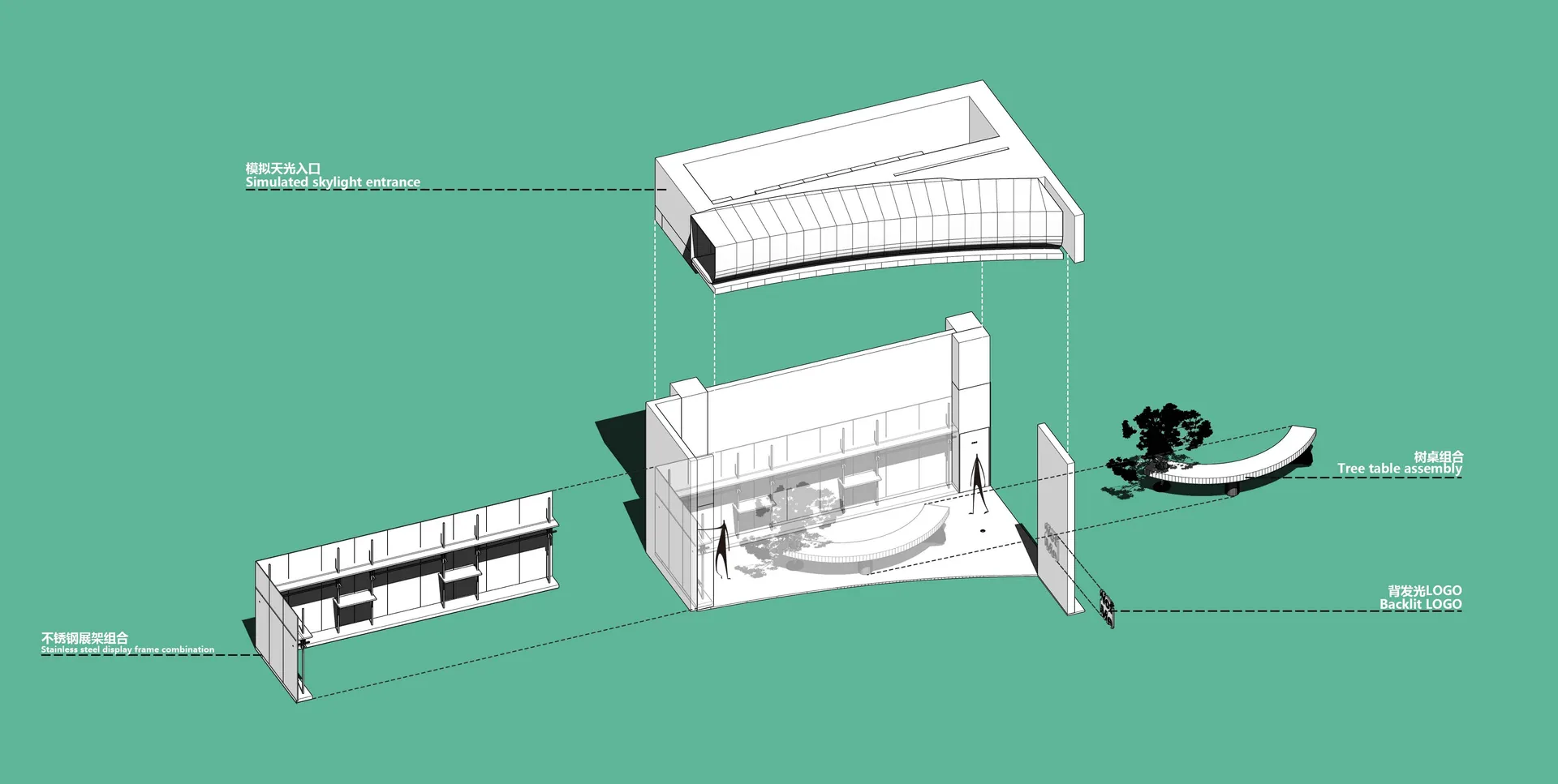A 3D rendering of a modern office space featuring a cube-shaped room with windows.