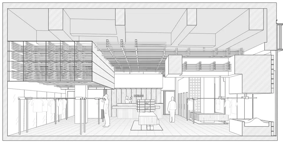 Modern retail space with wooden shelves, metallic railings, and glass walls.