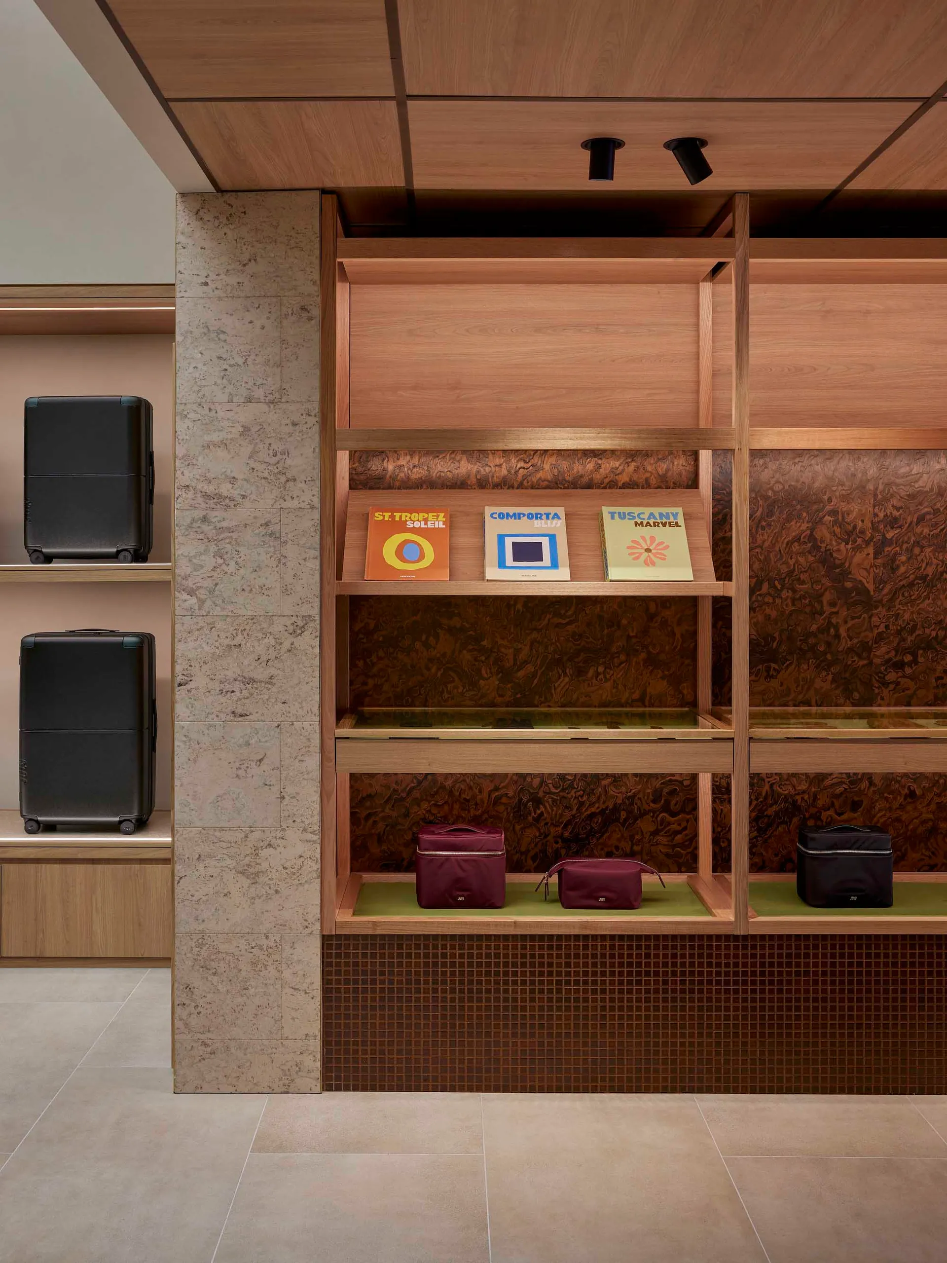 A modern retail shop featuring a combination of marble and wooden designs.