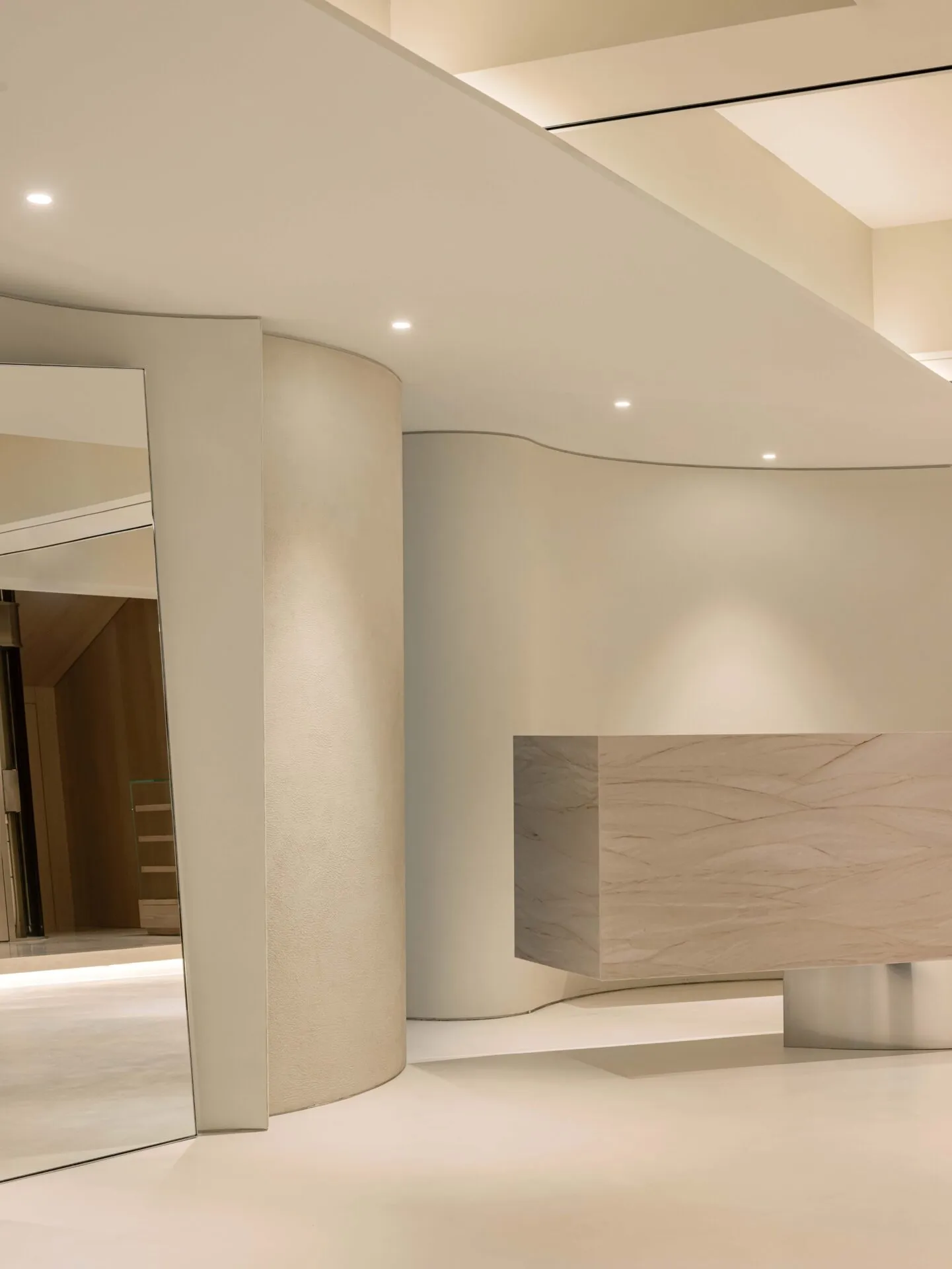 A sleek, modern lobby with marble finishes.