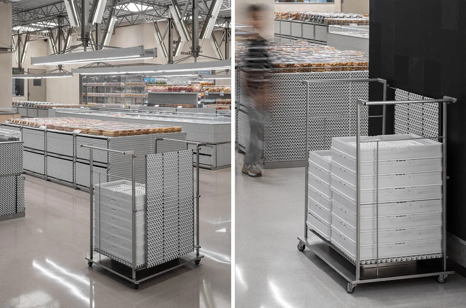 Retail store display cart featuring metallic perforated panels