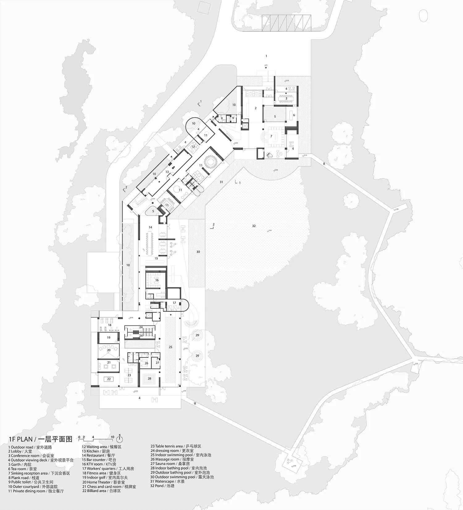 一張細緻的建築平面圖，展示室內空間與戶外特徵的配置。