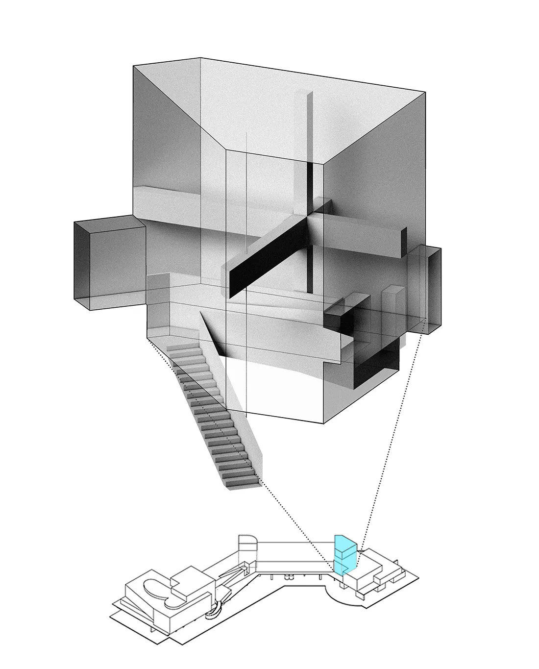 現代混凝土建築結構的剖面視圖。