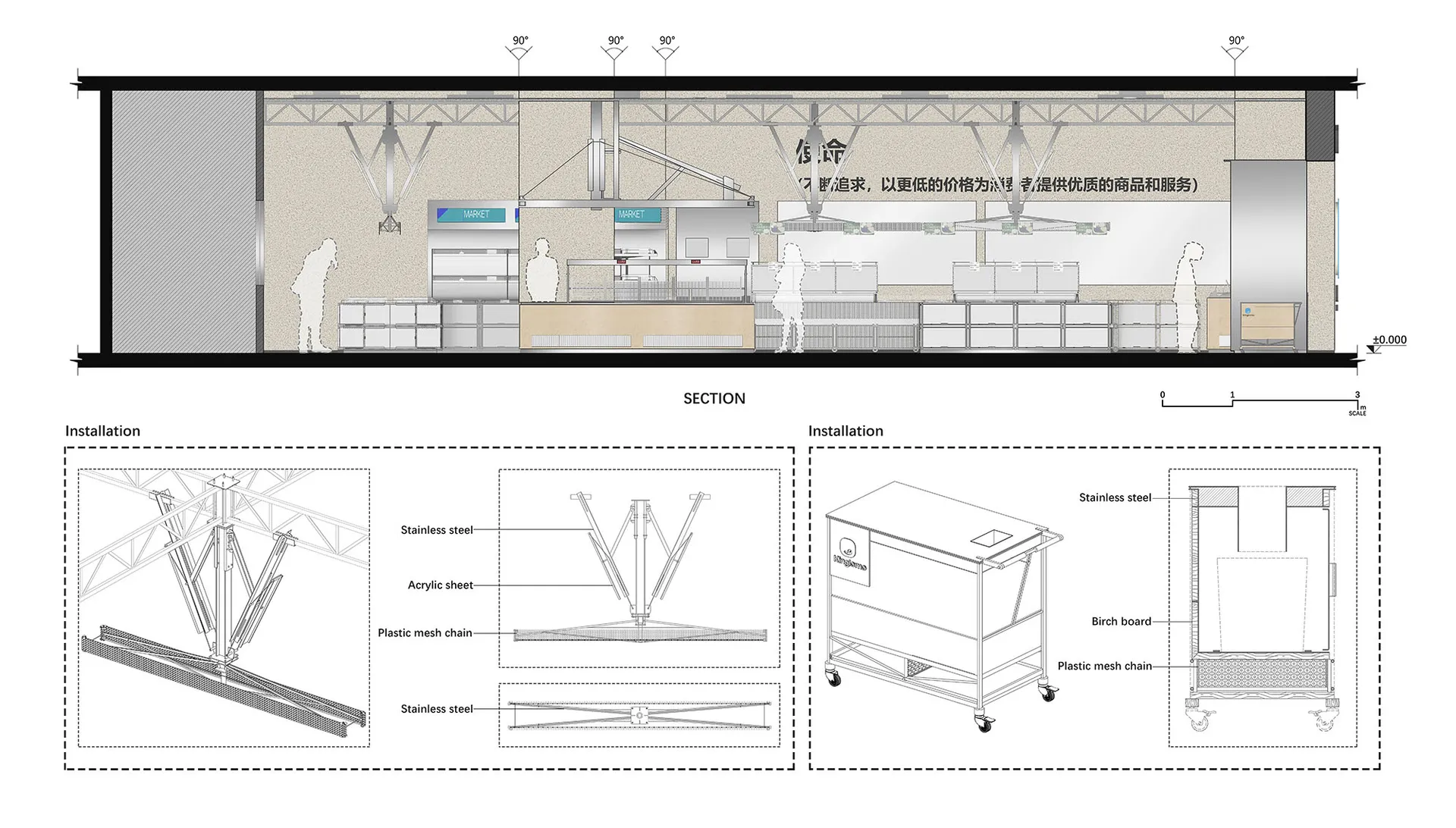 Cross-sectional view of a market retail storefront with metal frame structure and signage.