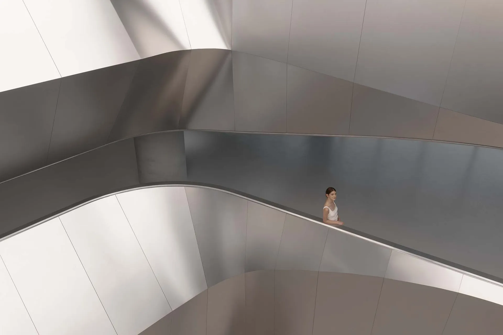 A minimalist metal escalator