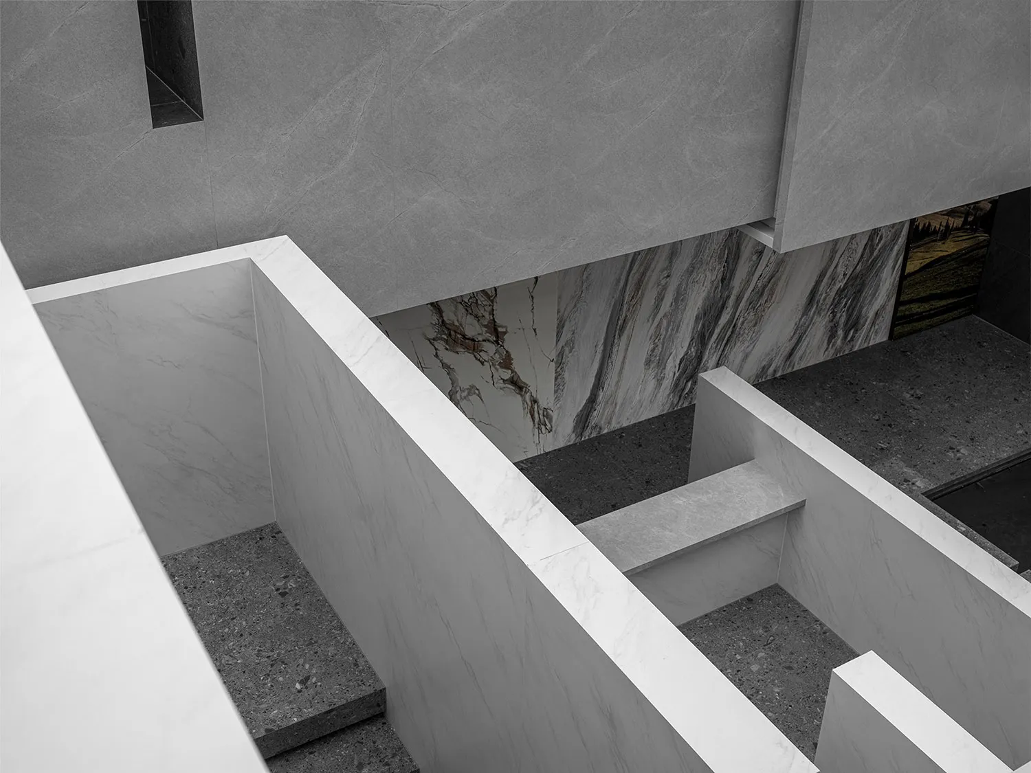 Modern interior with marble and concrete materials.
