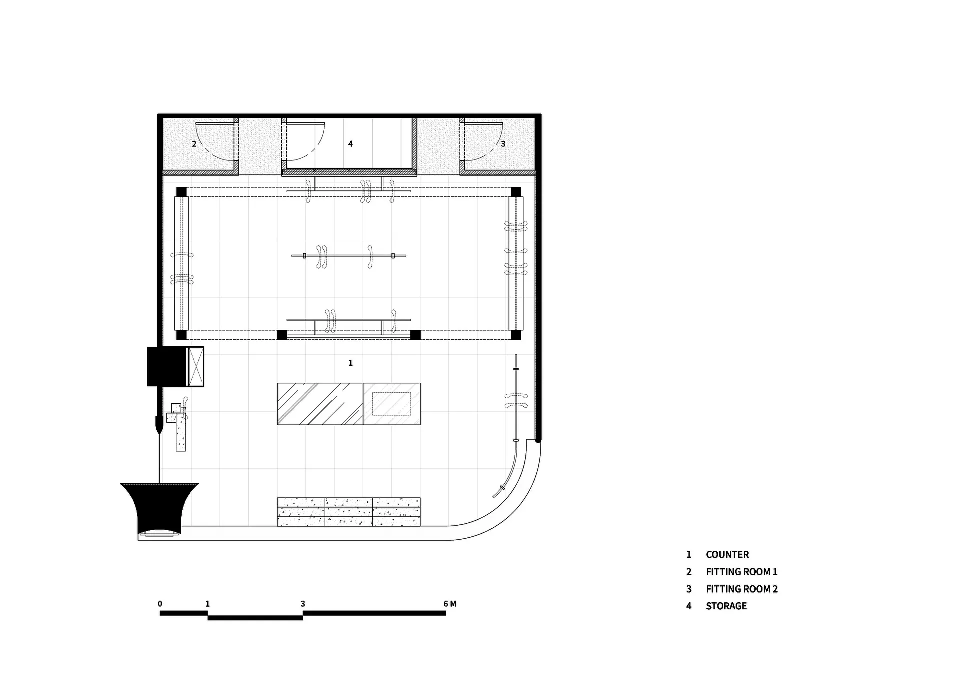 Floor plan of a room with a counter, two fitting rooms, a storage area, and shelves.
