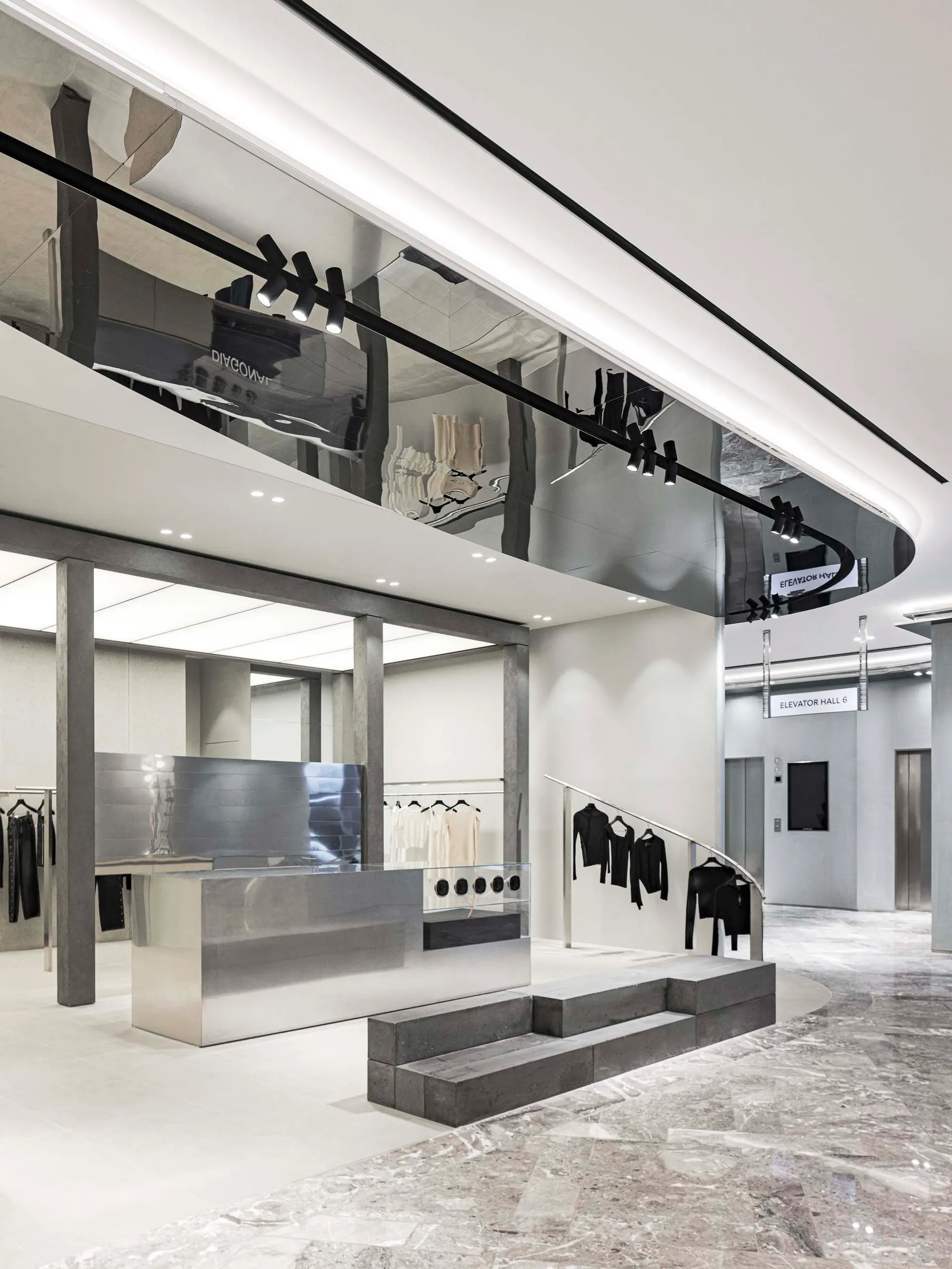 Modern retail storefront designed with glass, concrete, marble, and sleek lighting. Minimalist and contemporary design aesthe