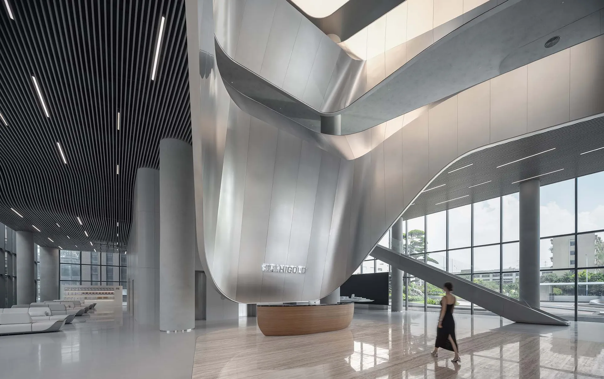 Modern office lobby featuring sleek metal and glass elements