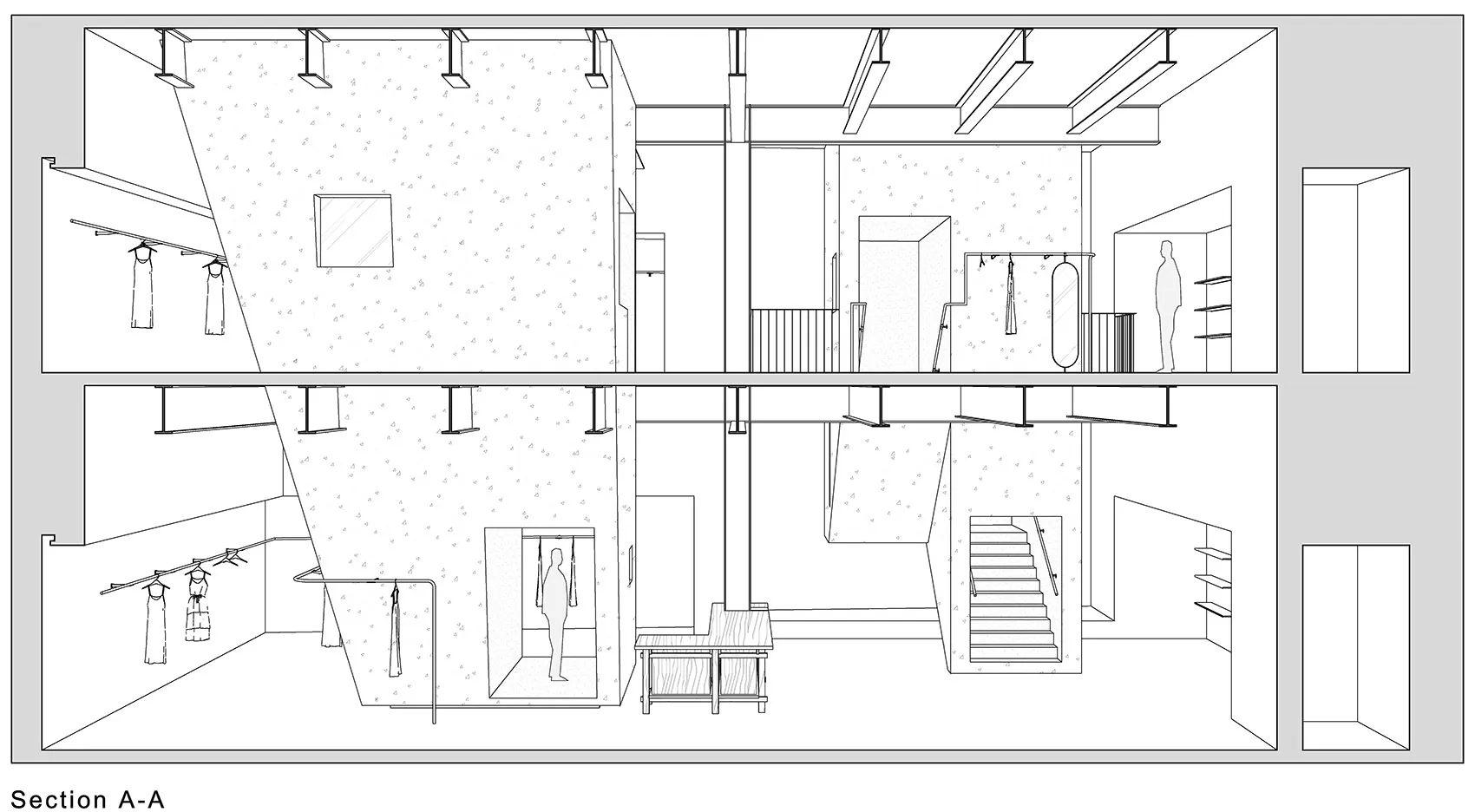 一張現代服飾店的2D建築圖,展示混凝土地板與極簡設計元素。