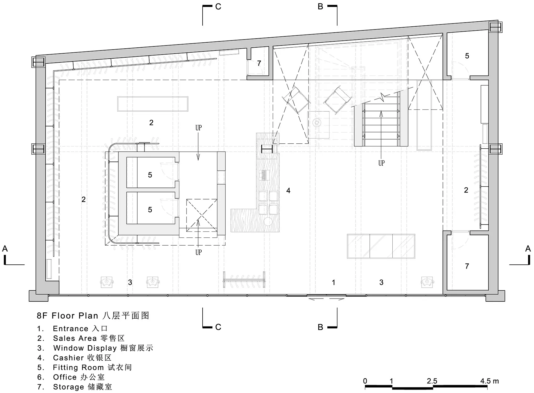 詳細的辦公空間平面圖,標示銷售區、收銀區、試衣間、辦公室等不同功能區域