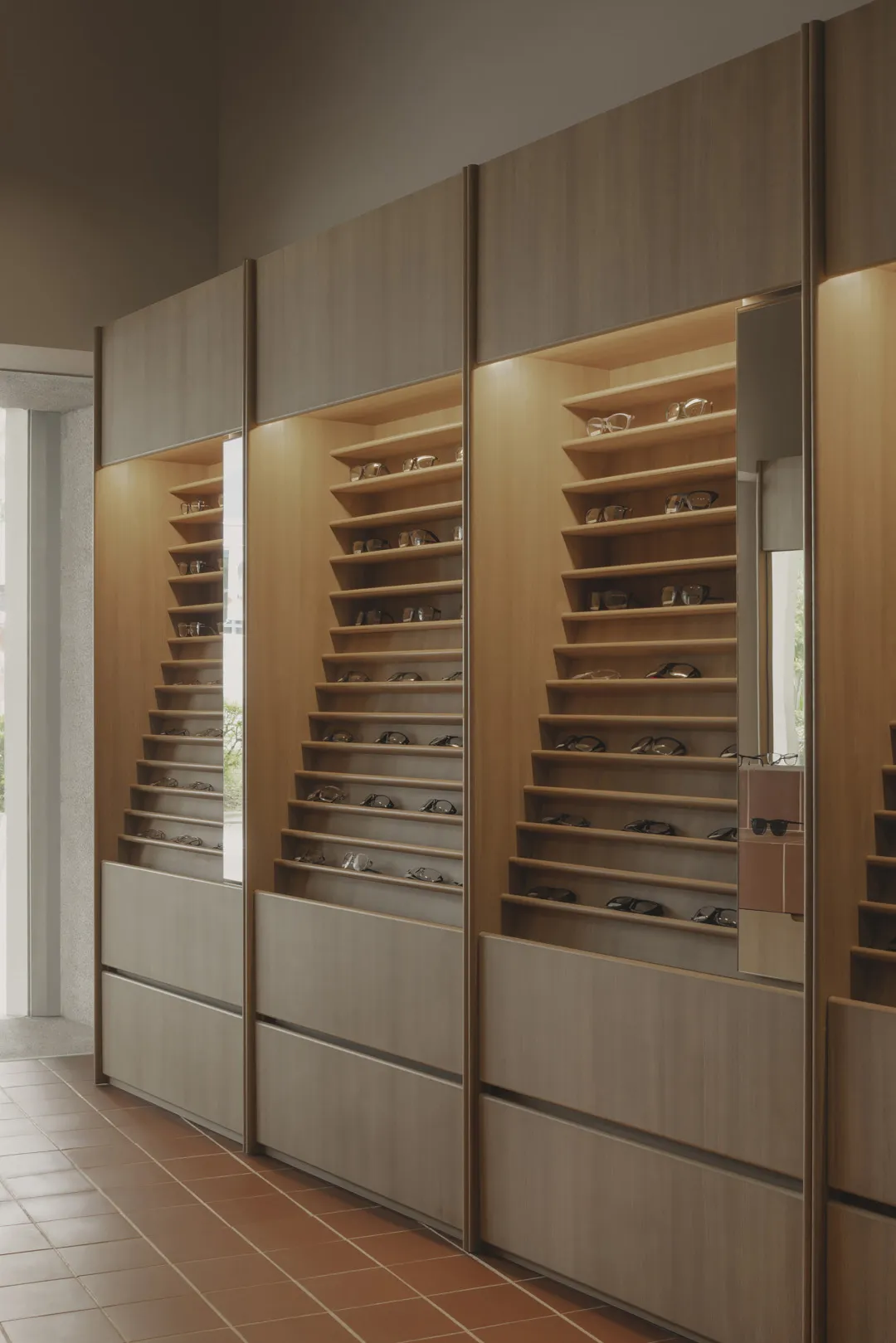 A wooden glasses display unit with shelves.