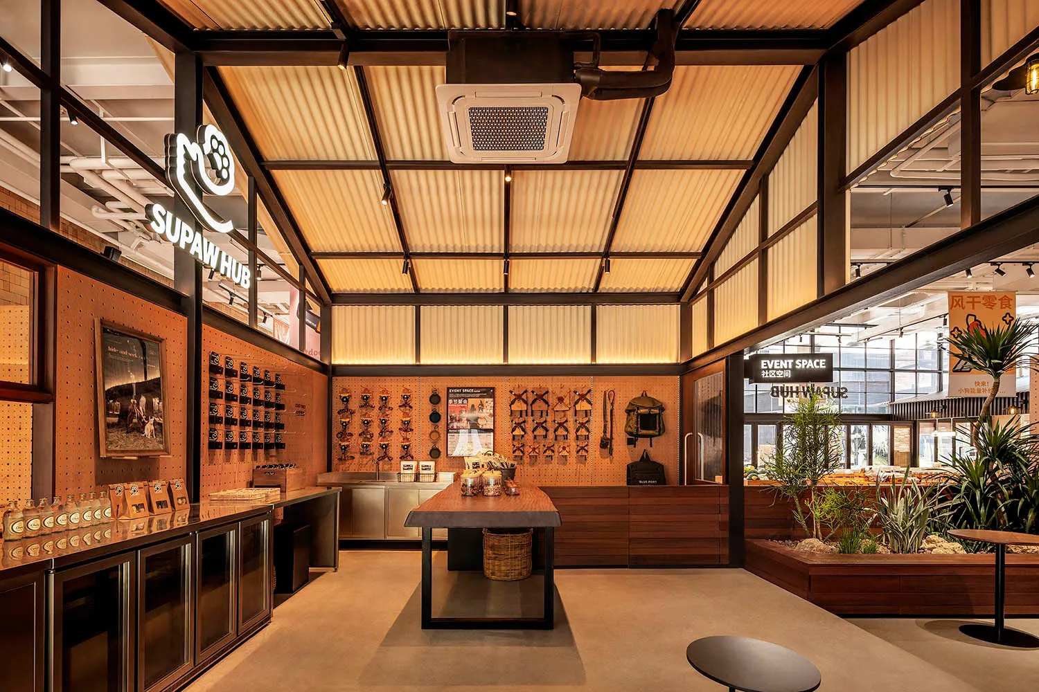 Industrial storefront with wooden and glass elements, showcasing a modern retail design