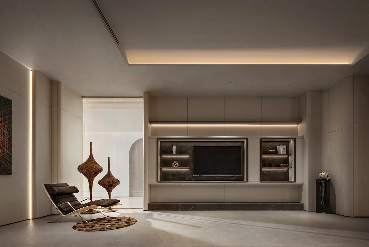 Modern minimalist living room with contemporary furniture, open space, and neutral color palette.