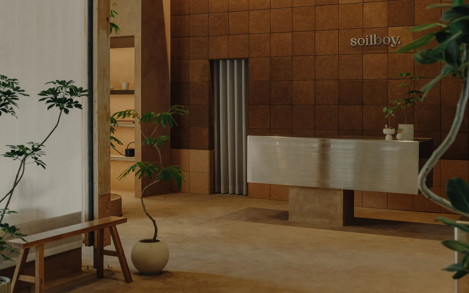 A contemporary lobby featuring a modern entryway with concrete flooring and walls.