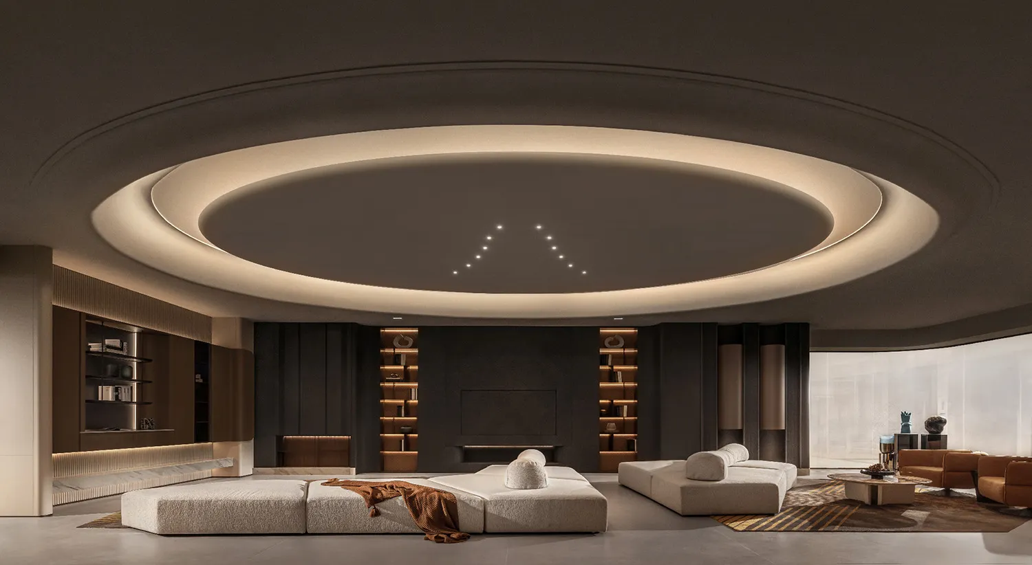 A modern living room with a neutral color palette and minimalist furniture.