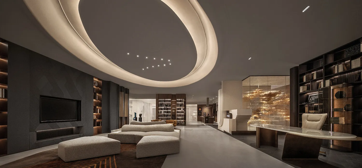Modern lobby with concrete walls and furniture, featuring a curved ceiling with embedded lights.
