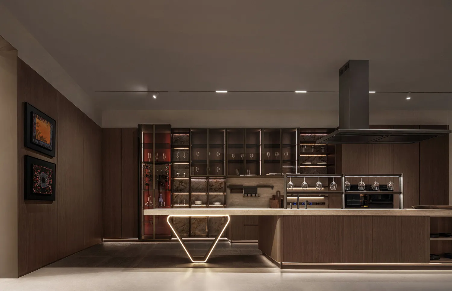 Contemporary residential kitchen featuring modern design elements with wooden cabinets and marble countertops.