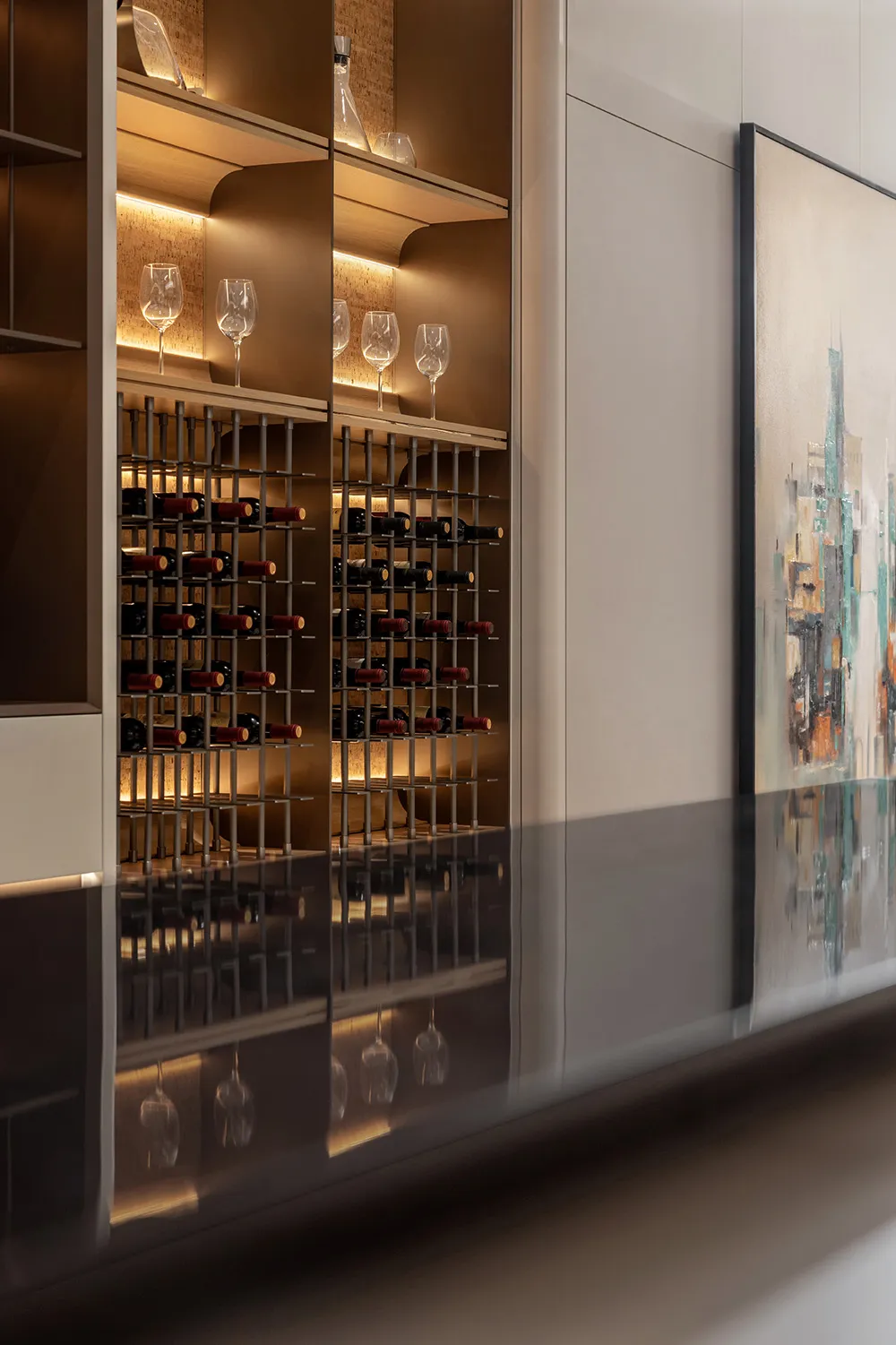 A modern wine cellar with wooden and metallic shelves.