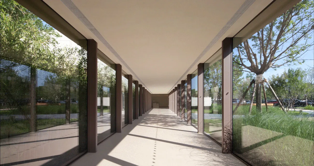 An empty space with glass walls and roof