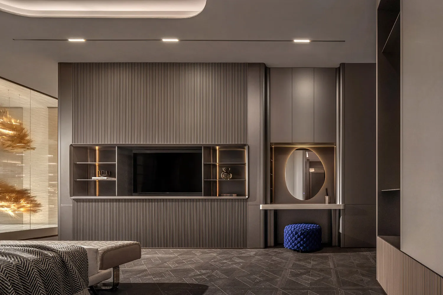 A minimalist bedroom with a textured dark flooring, wooden paneling, and metal accents.