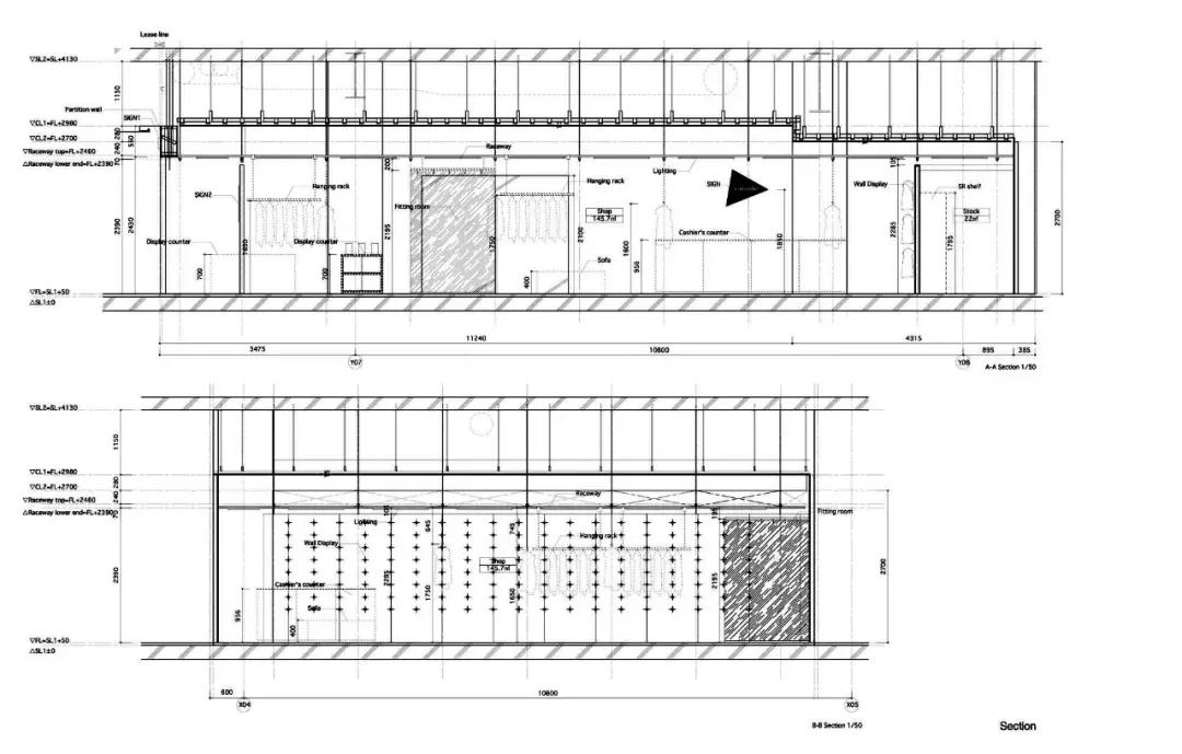 現代零售空間佈局,包含展示架、櫃檯與試衣間