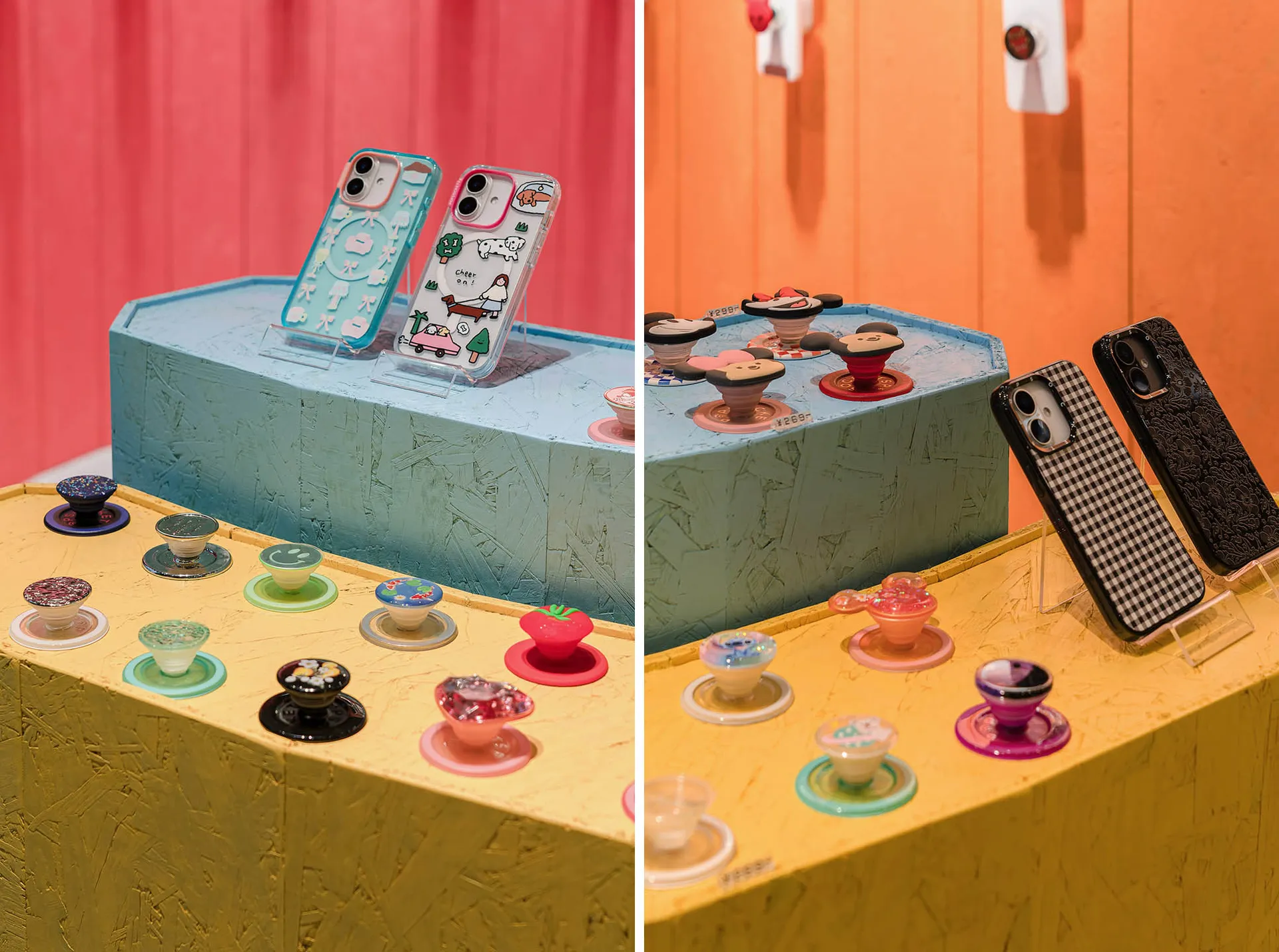 商店內展示色彩繽紛的手機殼與支架。