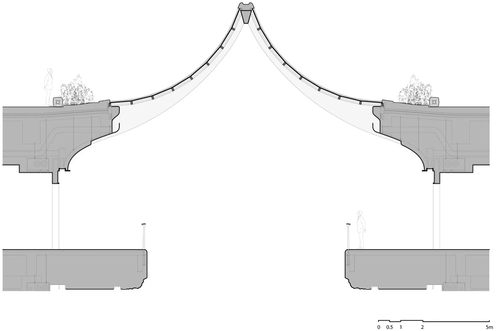 A tensile bridge represented in a technical plan.