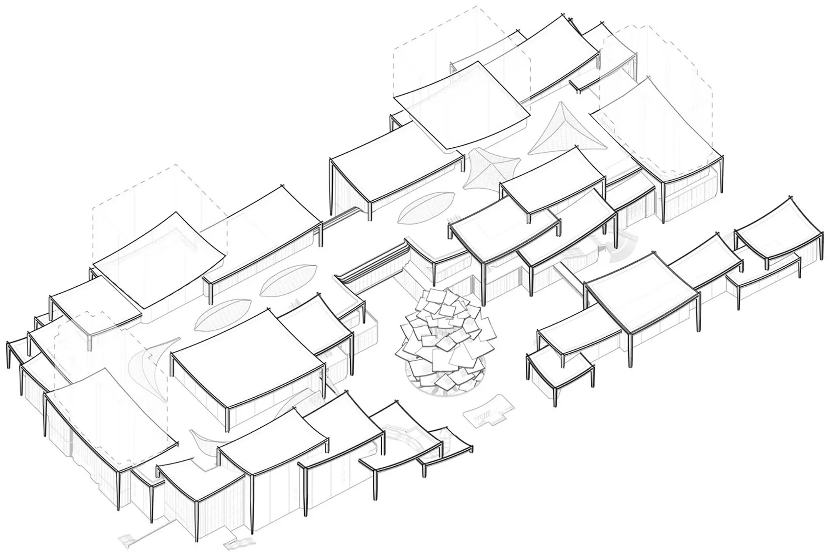 以等角視角呈現一棟建築,屋頂採用布料、金屬與混凝土等多元材質設計。
