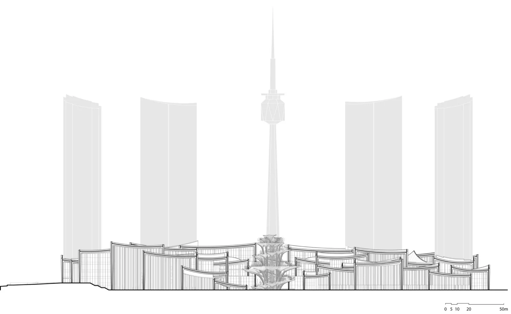 黑白建築渲染圖,呈現從空中俯瞰的都市景觀。