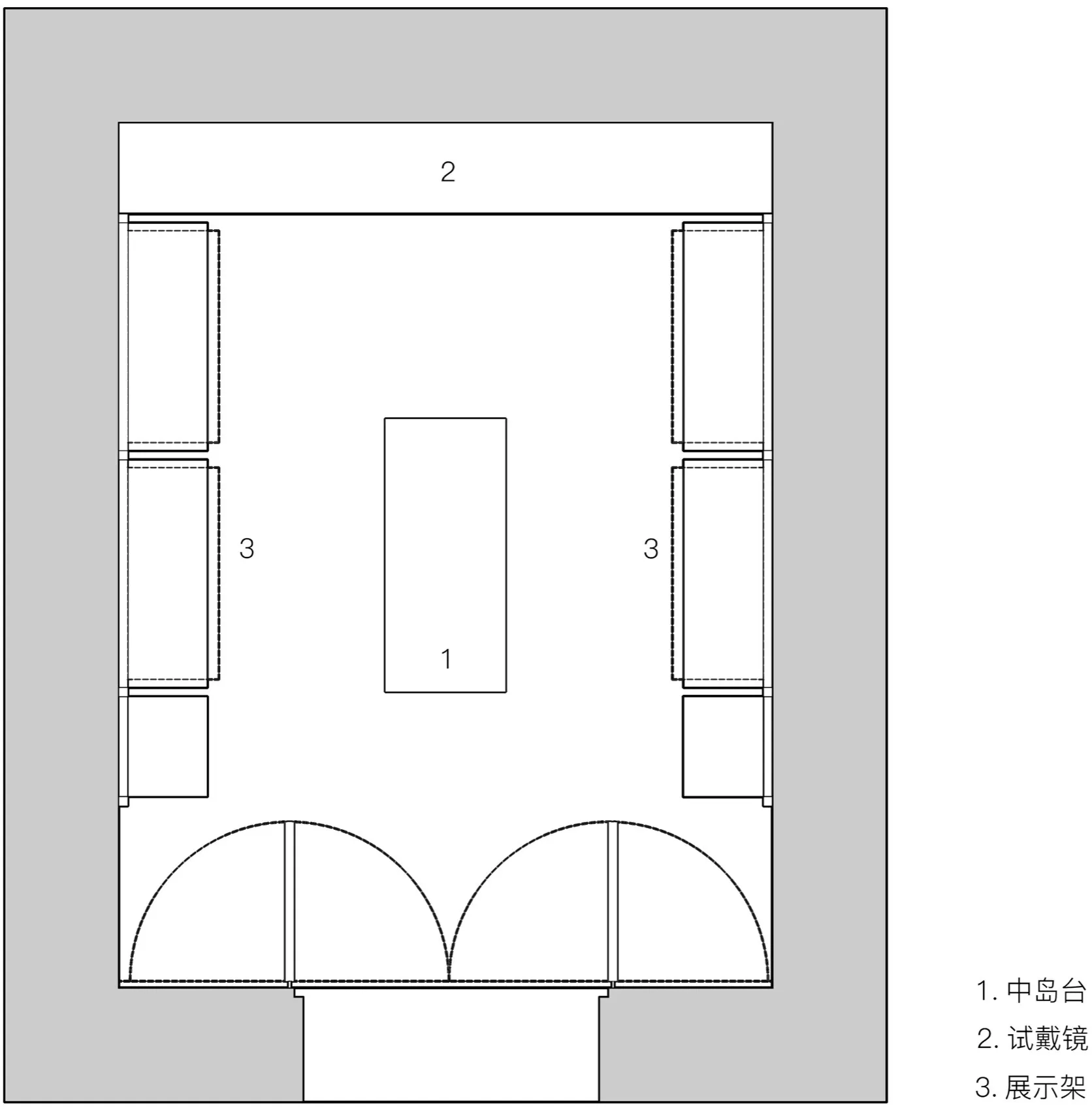 A 2D architectural drawing of a retail shop with glass windows and doors.