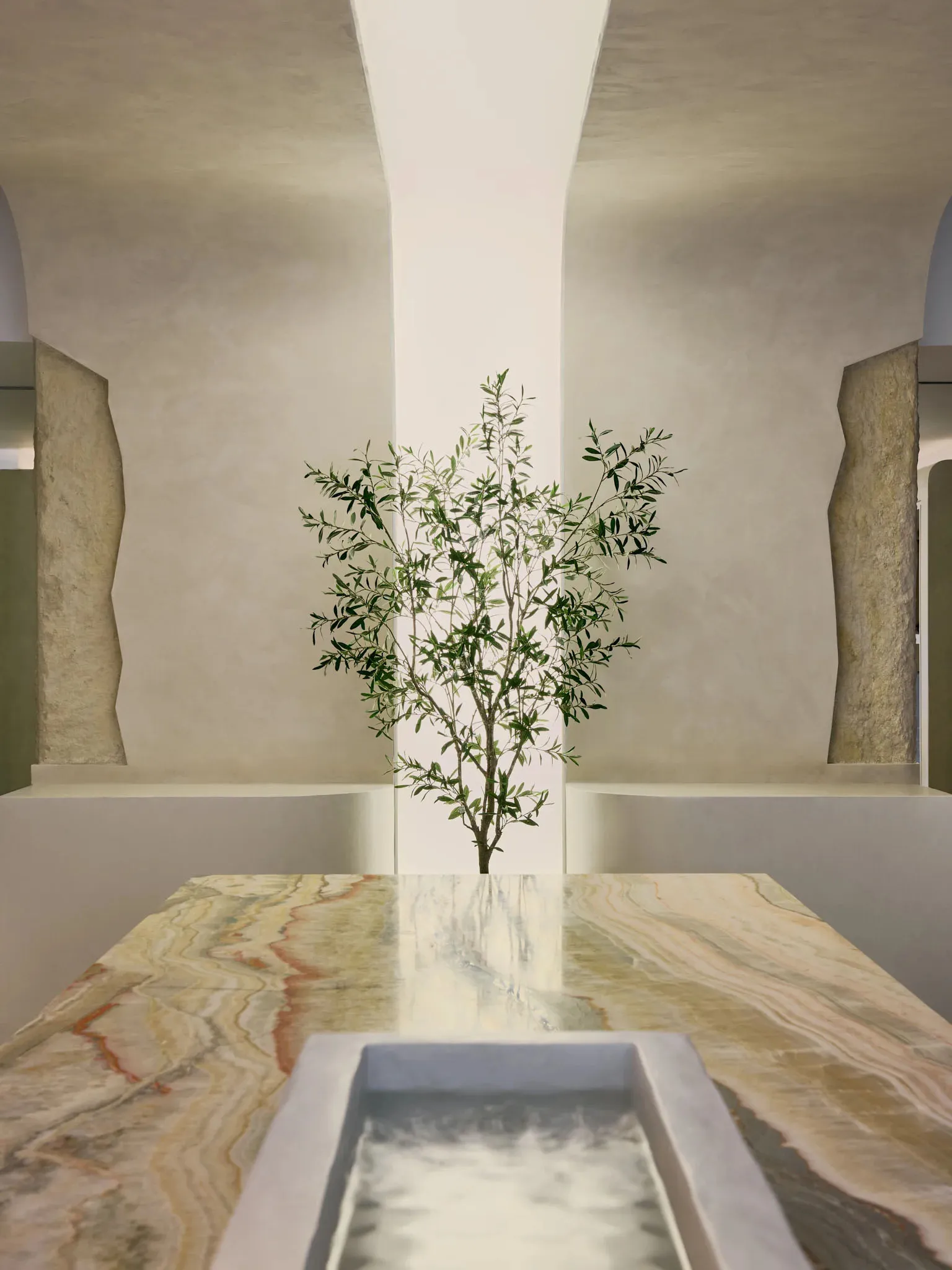 A minimalist interior design featuring marble surfaces and an olive tree