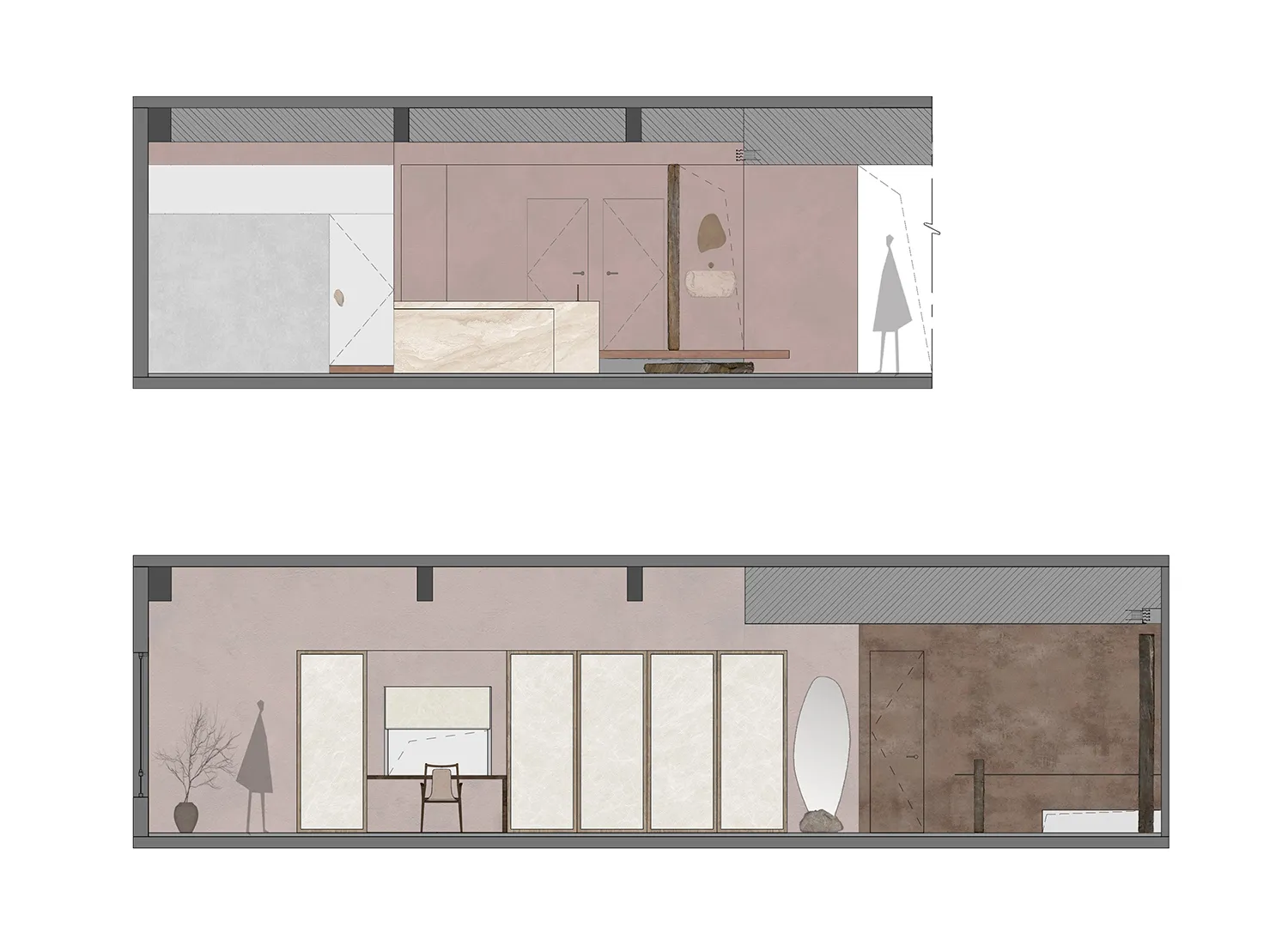 A rendering of a modern shop interior showing various design elements and materials used for the space.