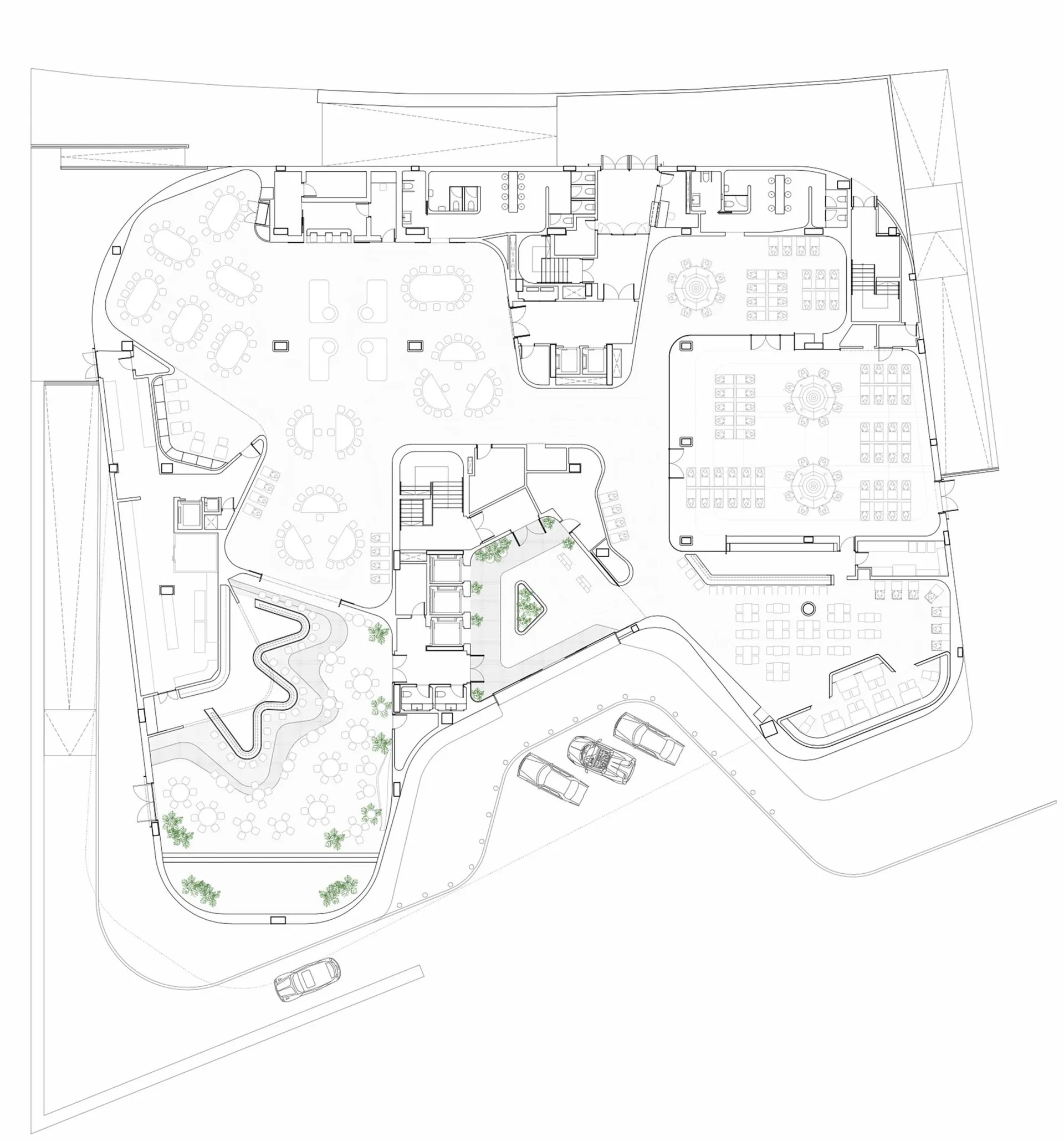 An overhead architectural plan for an industrial-style office interior, featuring open spaces, functional zones, and structur